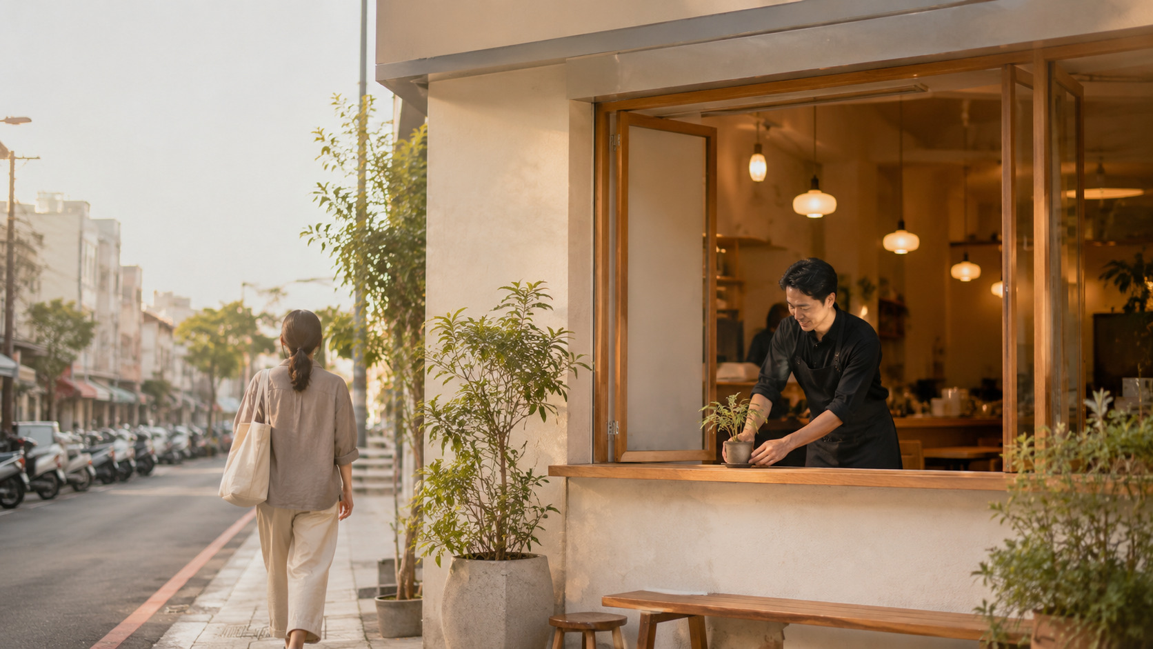 餐廳位於熱鬧商圈街道旁的外觀環境