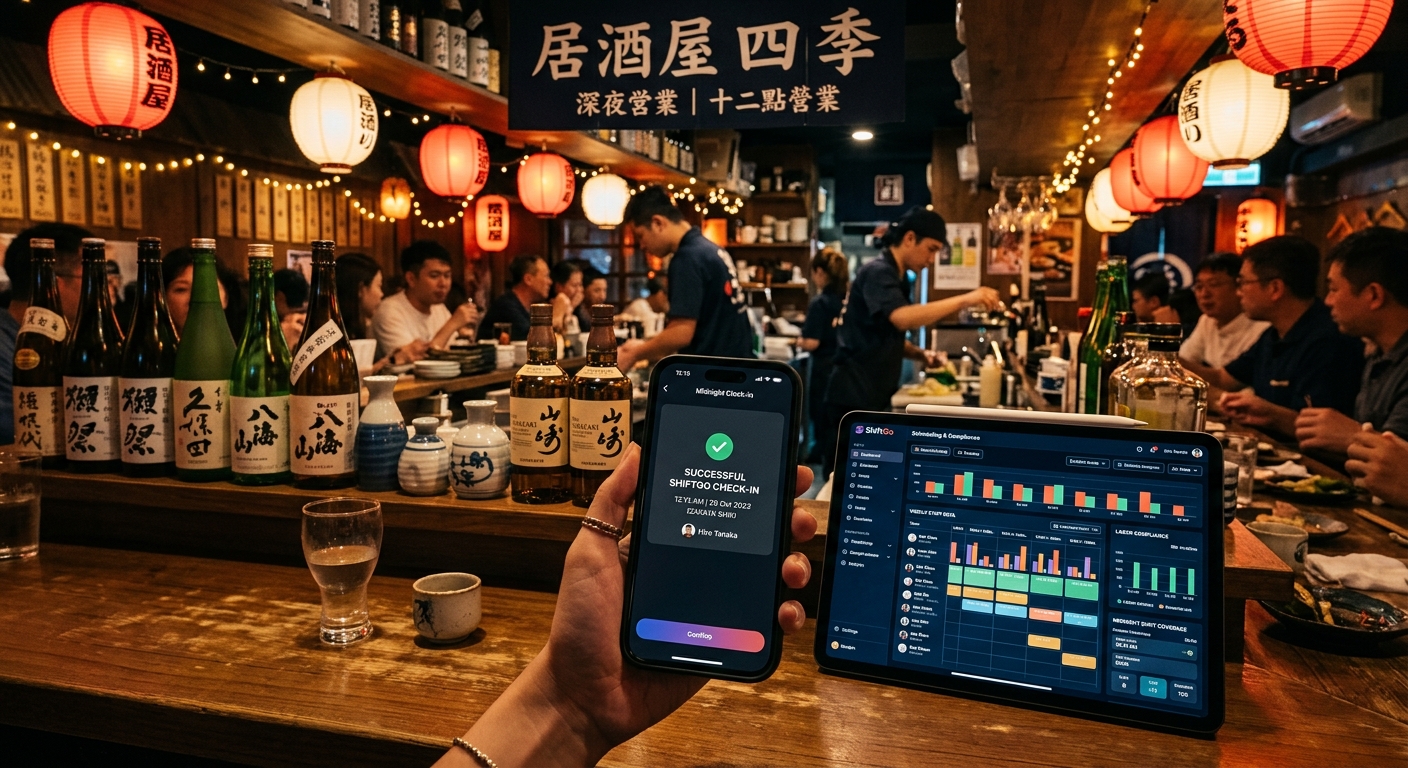 居酒屋深夜排班示意:ShiftGo 跨夜班工時提示